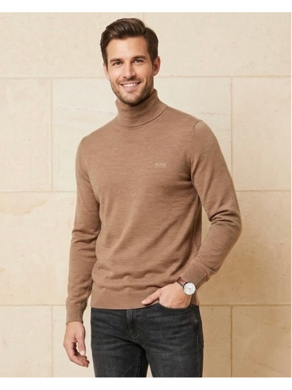 BOSS Hugo Boss Mens Extra Fine Virgin Wool Turtleneck Sweater Tan Size L